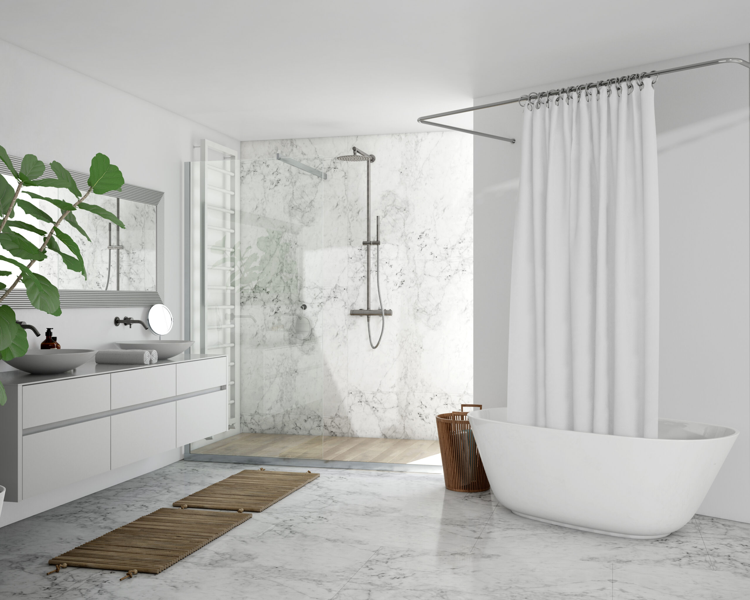 Free PSD bathtub with curtain, cupboard and shower